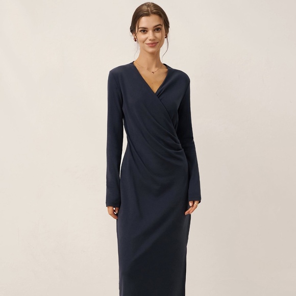 Linen Crossover V-Neck Wrap Stretch Midi Dress MARNIE - Picture 1 of 12